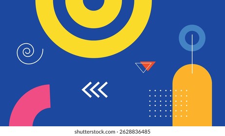 Vibrant abstract geometric background with dynamic shapes, bold circles, arrows, and modern minimal elements on blue backdrop.
