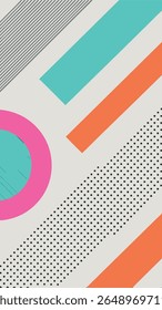 A vibrant abstract geometric background featuring diagonal stripes, circles, and polka dots in a playful color palette of pink, teal, and orange on a light gray backdrop.