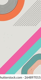 A vibrant, abstract geometric background featuring diagonal stripes of pink and teal, contrasted with a large orange circle and scattered dots on a light grey base.