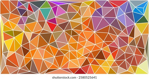 A vibrant abstract geometric background with multicolored polygonal shapes, mainly in warm tones of orange, red, and yellow, accented with cool blues and purples.

