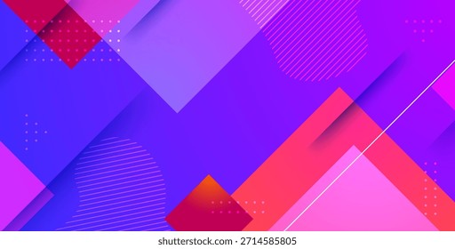 Lebendiger abstrakter geometrischer Hintergrund mit violetten, rosa und blauen Formen, geschichteten Farbverläufen, gepunkteten Akzenten und diagonalen Linien, die ein modernes, energiegeladenes und kreatives Design schaffen.