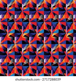 Lebendiger abstrakter geometrischer Hintergrund mit sich wiederholenden Dreiecken und Diamanten in einem symmetrischen Muster. Ideal für moderne Designprojekte