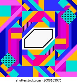Vibrant abstract geometric composition featuring bold blocks of pink, blue, yellow, cyan, and black. central white polygon with a black outline serves as a focal frame.