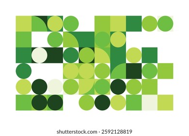 A vibrant abstract geometric composition featuring interconnected circles and squares in various green shades. The structured yet dynamic design creates a modern, futuristic, and artistic appeal.