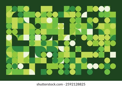 A vibrant abstract geometric composition featuring interconnected circles and squares in various green shades. The structured yet dynamic design creates a modern, futuristic, and artistic appeal.