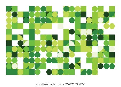 A vibrant abstract geometric composition featuring interconnected circles and squares in various green shades. The structured yet dynamic design creates a modern, futuristic, and artistic appeal.