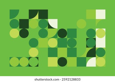 A vibrant abstract geometric composition featuring interconnected circles and squares in various green shades. The structured yet dynamic design creates a modern, futuristic, and artistic appeal.