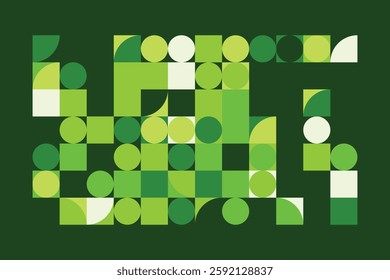 A vibrant abstract geometric composition featuring interconnected circles and squares in various green shades. The structured yet dynamic design creates a modern, futuristic, and artistic appeal.