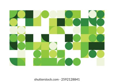 A vibrant abstract geometric composition featuring interconnected circles and squares in various green shades. The structured yet dynamic design creates a modern, futuristic, and artistic appeal.