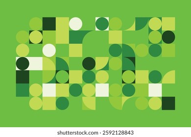 A vibrant abstract geometric composition featuring interconnected circles and squares in various green shades. The structured yet dynamic design creates a modern, futuristic, and artistic appeal.