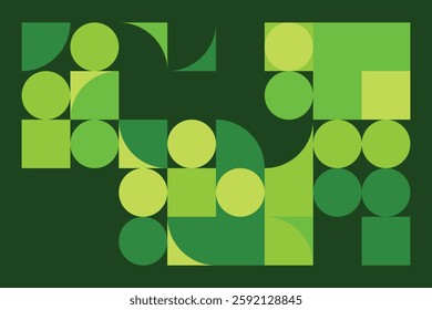 A vibrant abstract geometric composition featuring interconnected circles and squares in various green shades. The structured yet dynamic design creates a modern, futuristic, and artistic appeal.