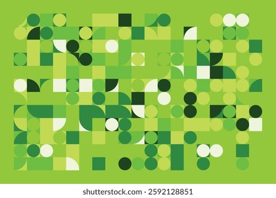 A vibrant abstract geometric composition featuring interconnected circles and squares in various green shades. The structured yet dynamic design creates a modern, futuristic, and artistic appeal.