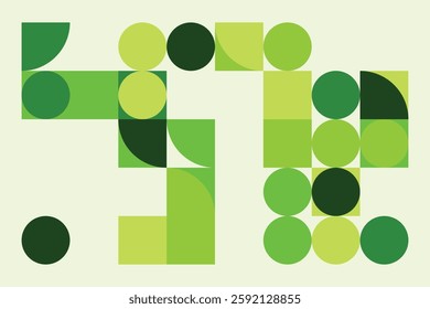 A vibrant abstract geometric composition featuring interconnected circles and squares in various green shades. The structured yet dynamic design creates a modern, futuristic, and artistic appeal.