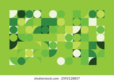 A vibrant abstract geometric composition featuring interconnected circles and squares in various green shades. The structured yet dynamic design creates a modern, futuristic, and artistic appeal.