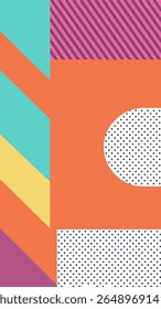 Una composición geométrica vibrante y abstracta con bloques de colores llamativos, líneas diagonales y patrones de lunares en un diseño moderno y divertido.