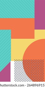 A vibrant, abstract geometric composition featuring a playful mix of bold colors, diagonal stripes, solid blocks, and polka dots, creating a dynamic and modern aesthetic.