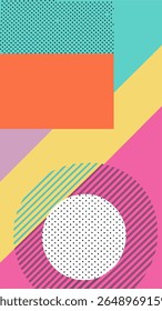 A vibrant abstract geometric composition featuring a playful mix of pastel colors, stripes, and polka dots, creating a retro, Memphis-inspired design.