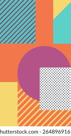 A vibrant abstract geometric composition featuring diagonal stripes, a large circle, and polka dots in a playful, modern color palette of orange, yellow, teal, and purple.