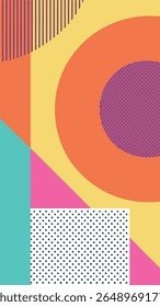 Uma composição geométrica abstrata vibrante com bloqueio de cores arrojadas, formas curvas, listras e um padrão de bolinhas, evocando um estilo de design retrô ou Memphis.