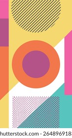 A vibrant abstract geometric composition featuring a playful mix of shapes, including circles, rectangles, and diagonal lines, in a bright, pastel color palette.