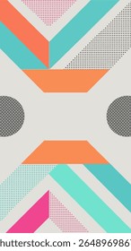 Uma composição geométrica vibrante e abstrata com linhas diagonais, círculos e trapézios em coral, azul-petróleo, rosa e cinza, com padrões pontilhados criando uma estética moderna e divertida.