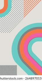 A vibrant abstract geometric design featuring curved bands of turquoise, pink, and orange, contrasted with grey dots and diagonal orange stripes on a light grey background.