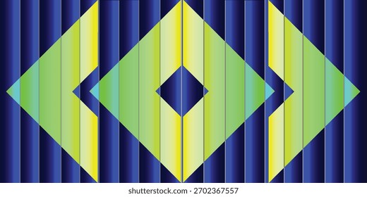 Um design geométrico abstrato vibrante com duas grandes formas de diamante verde e amarelo simétrico sobre um fundo de listras azuis verticais, criando uma ilusão de profundidade.