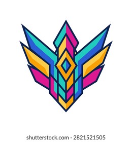 A vibrant abstract geometric emblem featuring sharp angles and a bold color palette. This modern design element is perfect for logos or graphic assets.