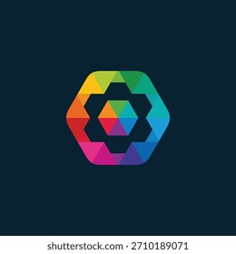 Lebendige abstrakte geometrische Sechseck-Logo-Symbol mit einem Spektrum von Farben, mit einer komplizierten inneren polygonalen Struktur, symbolisiert moderne Konnektivität, kreative Vielfalt und dynamisches Design