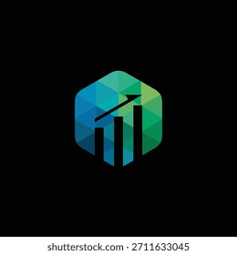 Vibrante diseño geométrico abstracto del logotipo del hexágono que representa el crecimiento financiero, las tendencias del mercado y el progreso del negocio con un gráfico de barras ascendente y un motivo de flecha ascendente