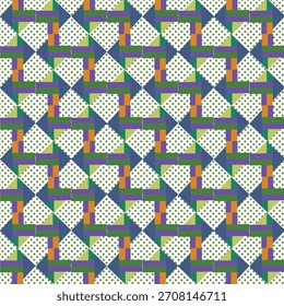 Vibrant Abstract Geometric Interlocking Shapes Seamless Pattern. Colorful geomatrical artwork. Design used for fabric, fashion, wallpapers, backgrounds, textile prints, flooring, pottery, and covers.
