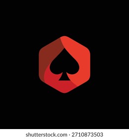 Logotipo geométrico abstracto vibrante con un símbolo atrevido del traje de la tarjeta de la espada encerrado en una forma hexagonal roja dinámica, ideal para los juegos, el casino, o las aplicaciones de marca contemporáneas