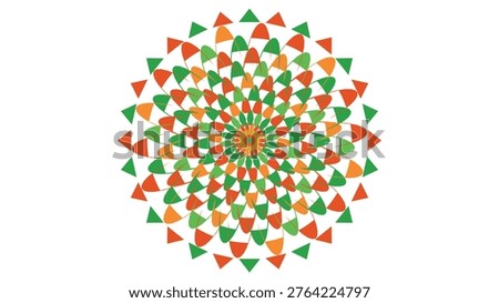 Vibrant abstract geometric mandala pattern in orange, green, and gold, featuring a swirling kaleidoscopic design with petal-like shapes and outer triangles, ideal for modern backgrounds and decorative elements.
