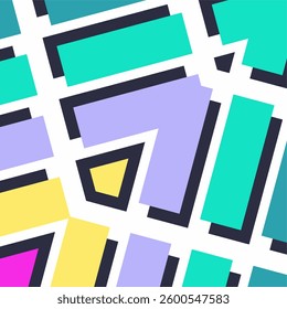 a vibrant, abstract geometric pattern composed of bold shapes, including arrows and rectangles, with thick black outlines.