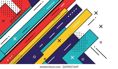 Padrão geométrico abstrato vibrante com linhas diagonais dinâmicas e elementos de estilo Memphis para projetos de design criativo