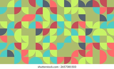 vibrant abstract geometric pattern features colorful curves and shapes on a soothing green background. Ideal for creative projects, wallpapers, or artistic designs.