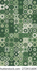 A vibrant abstract geometric pattern features an array of squares and concentric circles in various shades of green and off-white, creating a visually dynamic and repetitive design.