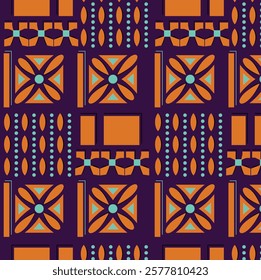 A vibrant, abstract geometric pattern featuring bold shapes like squares, circles, and triangles in various colors. The design creates a dynamic, modern aesthetic, ideal for digital art or background 