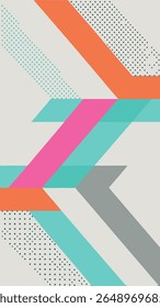A vibrant abstract geometric pattern featuring overlapping diagonal stripes in coral, teal, and pink, accented with scattered dots in teal and black on a light gray background.