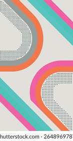 A vibrant abstract geometric pattern featuring curved and diagonal lines in teal, pink, and orange, accented with dotted textures on a light grey background.