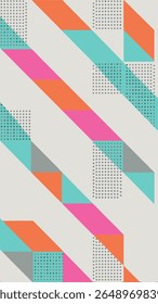 A vibrant abstract geometric pattern featuring diagonal stripes and dotted squares in bright pink, orange, teal, and grey on a light grey background.