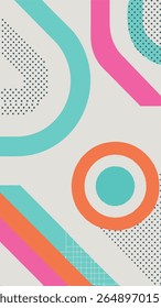 A vibrant, abstract geometric pattern featuring playful curves, diagonal lines, and circles in teal, pink, and orange against a light grey background with dotted textures.
