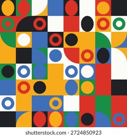 Un patrón geométrico abstracto vibrante que presenta un intrincado mosaico de cuadrados, círculos y cuartos de círculos en rojo, azul, verde, amarillo, negro y blanco. Este colorido diseño crea una textura visual dinámica y moderna.