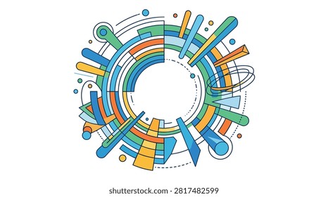 Vibrant abstract geometric pattern featuring a circular arrangement of colorful shapes, lines, and futuristic elements. Modern design for technology and data concepts.