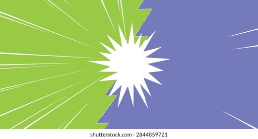 Vibrant abstract geometric pattern featuring a central sunburst with radiating lines in green and purple hues.