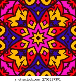 Un patrón geométrico vibrante y abstracto en un estilo maximalista y psicodélico. Fondo retro colorido.
