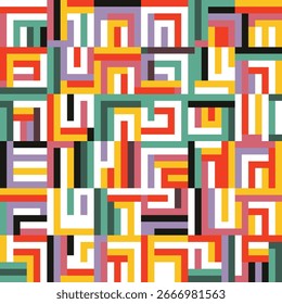 Um padrão geométrico abstrato vibrante de formas interligadas em vermelho, amarelo, verde, roxo, laranja, creme, preto e branco, dispostos em um layout repetitivo divertido.