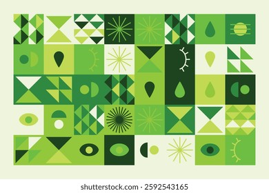 A vibrant abstract geometric pattern in shades of green, featuring eyes, teardrops, and dynamic shapes. The balanced yet playful design combines symmetry, repetition, and a futuristic aesthetic.