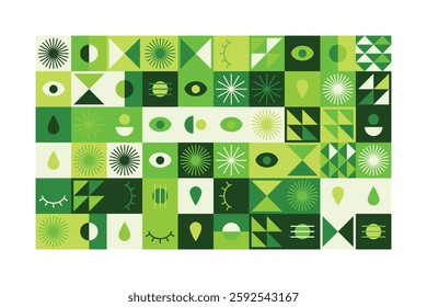 A vibrant abstract geometric pattern in shades of green, featuring eyes, teardrops, and dynamic shapes. The balanced yet playful design combines symmetry, repetition, and a futuristic aesthetic.