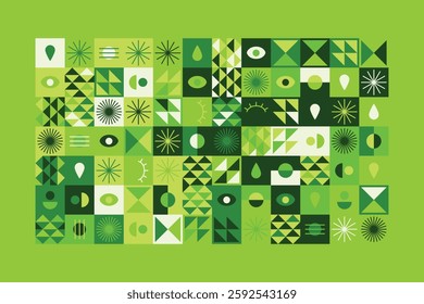 A vibrant abstract geometric pattern in shades of green, featuring eyes, teardrops, and dynamic shapes. The balanced yet playful design combines symmetry, repetition, and a futuristic aesthetic.